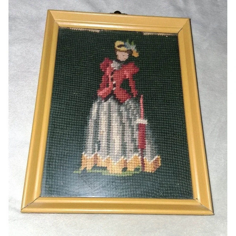 Vintage Handmade Framed Needlepoint Victorian Lady w/ Parasol Wall Art 9